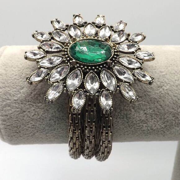 Green Clear Rhinestone Pendant Bracelet, Silver Tone, Stretch, 7 Inches - Picture 1 of 7